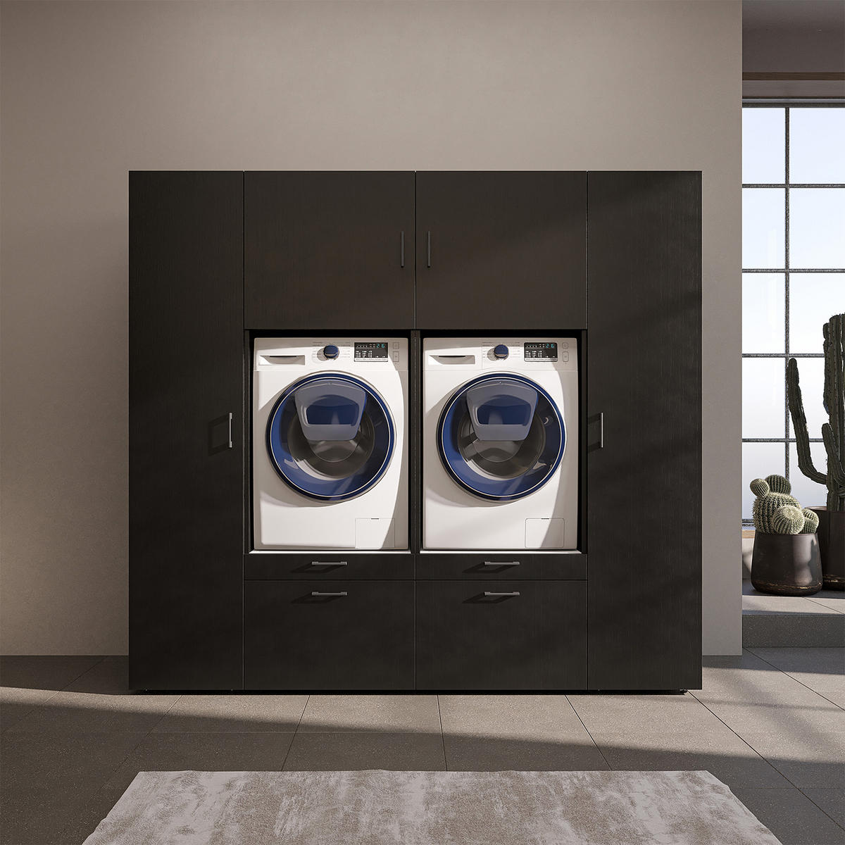 WASCHMASCHINENSCHRANK Serie 2 224cm Breit, 205cm Hoch - Schwarz, Holzwerkstoff (224/205/67cm)