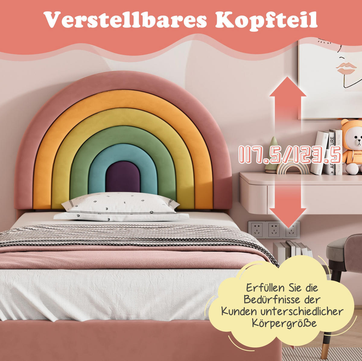 SAMT-POLSTERBETT 90/200 cm in Rosa mit Lattenrost und höhenverstellbarem Kopfteil - Rosa, Textil (90/200cm) - BEAOK