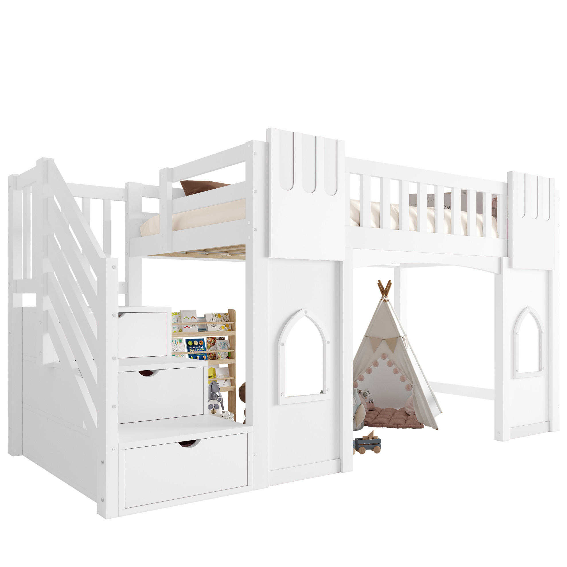HOCHBETT 90/200 cm, Weiß mit Stauraumtreppe und Fenstern - Weiß, Holz (90/200cm) - MIVRAY