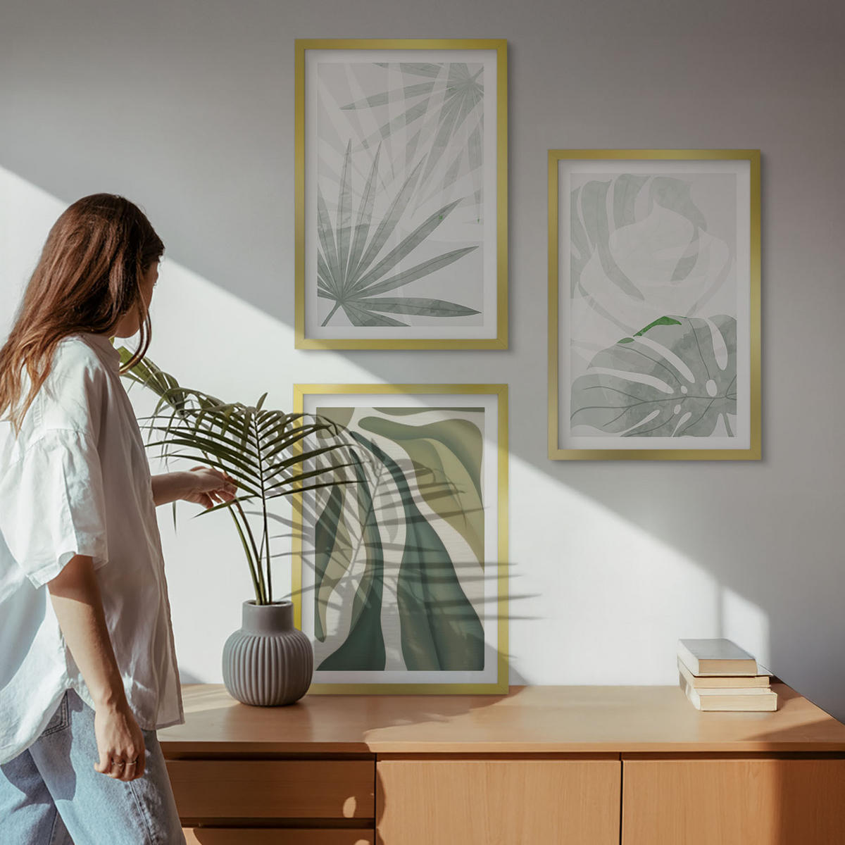 WANDBILDER 3er Set - 40x60 cm Goldrahmen - Blätter von Pflanzen in Grün und Grau - Goldfarben, Kunststoff (40/60cm) - ArtPrintCave
