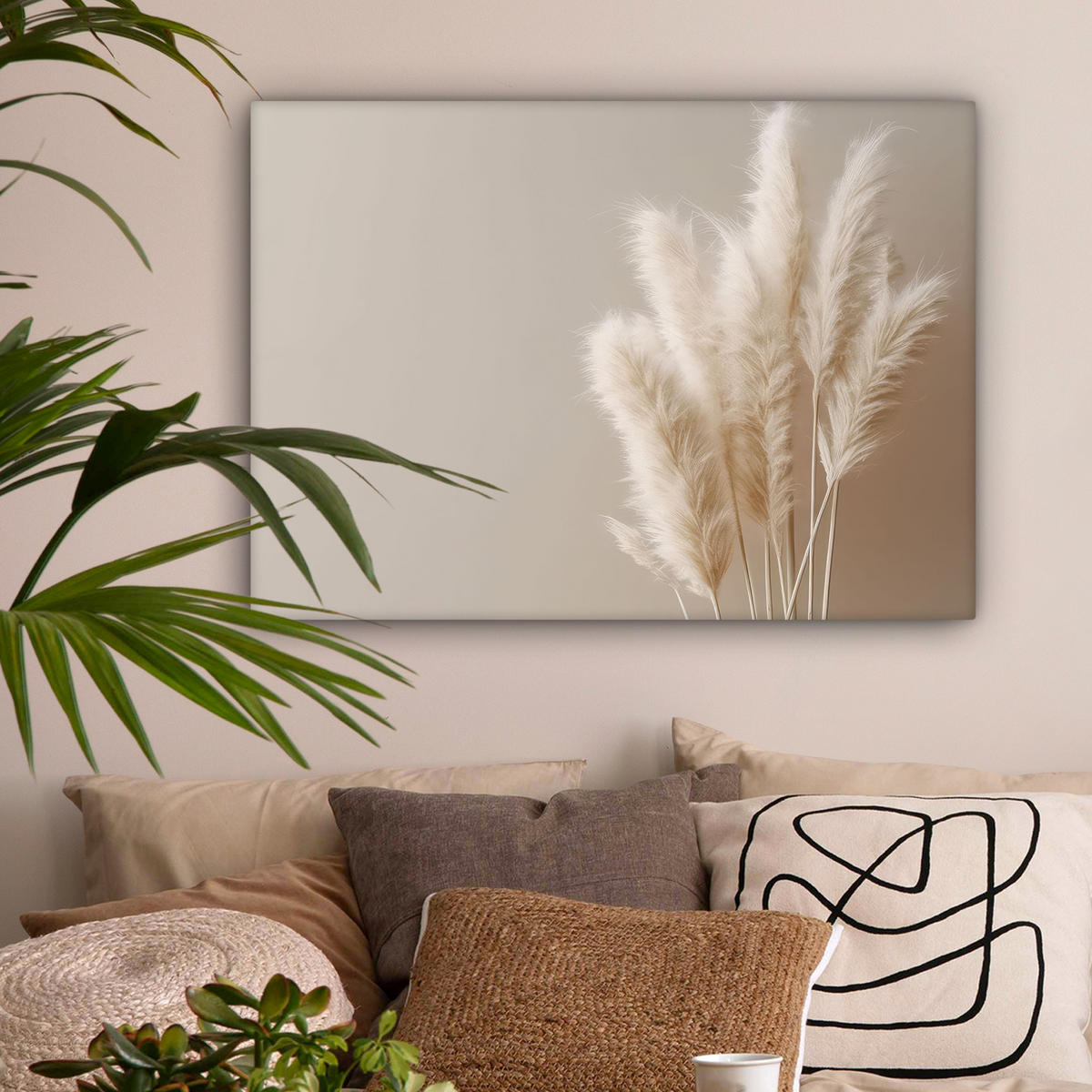 LEINWANDBILD Pampasgras - Federn - Pastell - Weiß Wandbilder 80x60 cm - Naturfarben, Textil (80/60cm) - MuchoWow