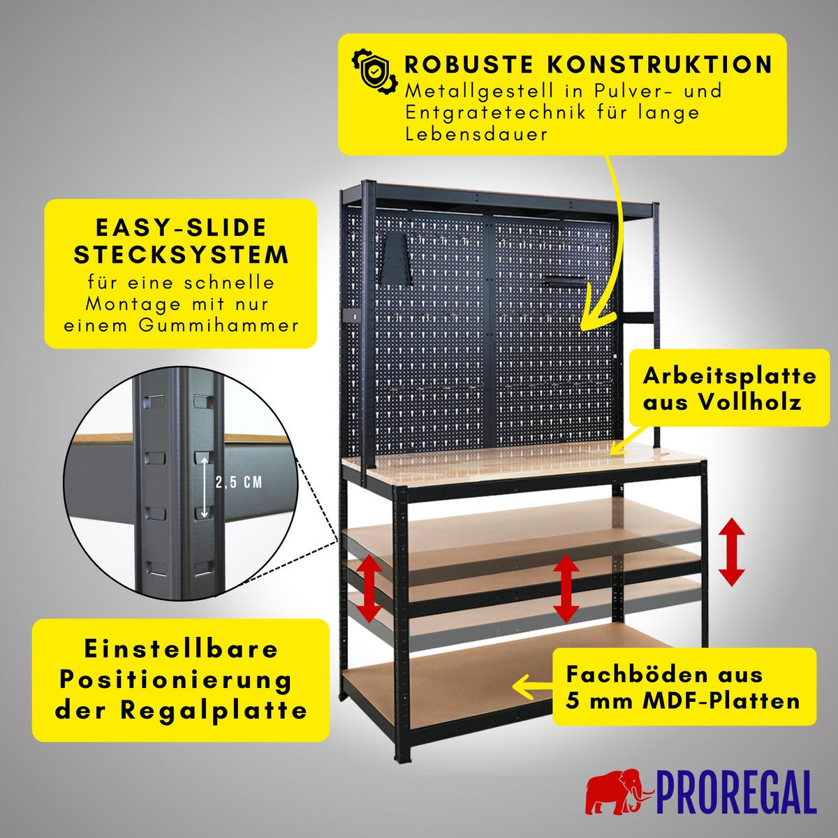 WERKBANK Giant Beast mit Lochwand 180x120x60 cm Fachlast 175 kg Schwarz - Schwarz, Metall (120/180/60cm) - PROREGAL