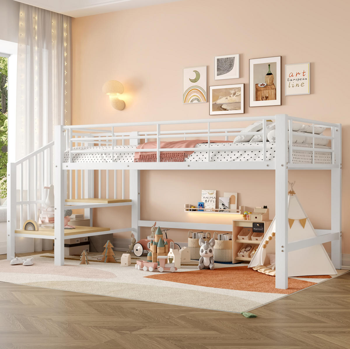 HOCHBETT 90/200 cm in Weiß – mit Stauraumtreppe und Lattenrost - Weiß, Holzwerkstoff (90/200cm) - BEAOK