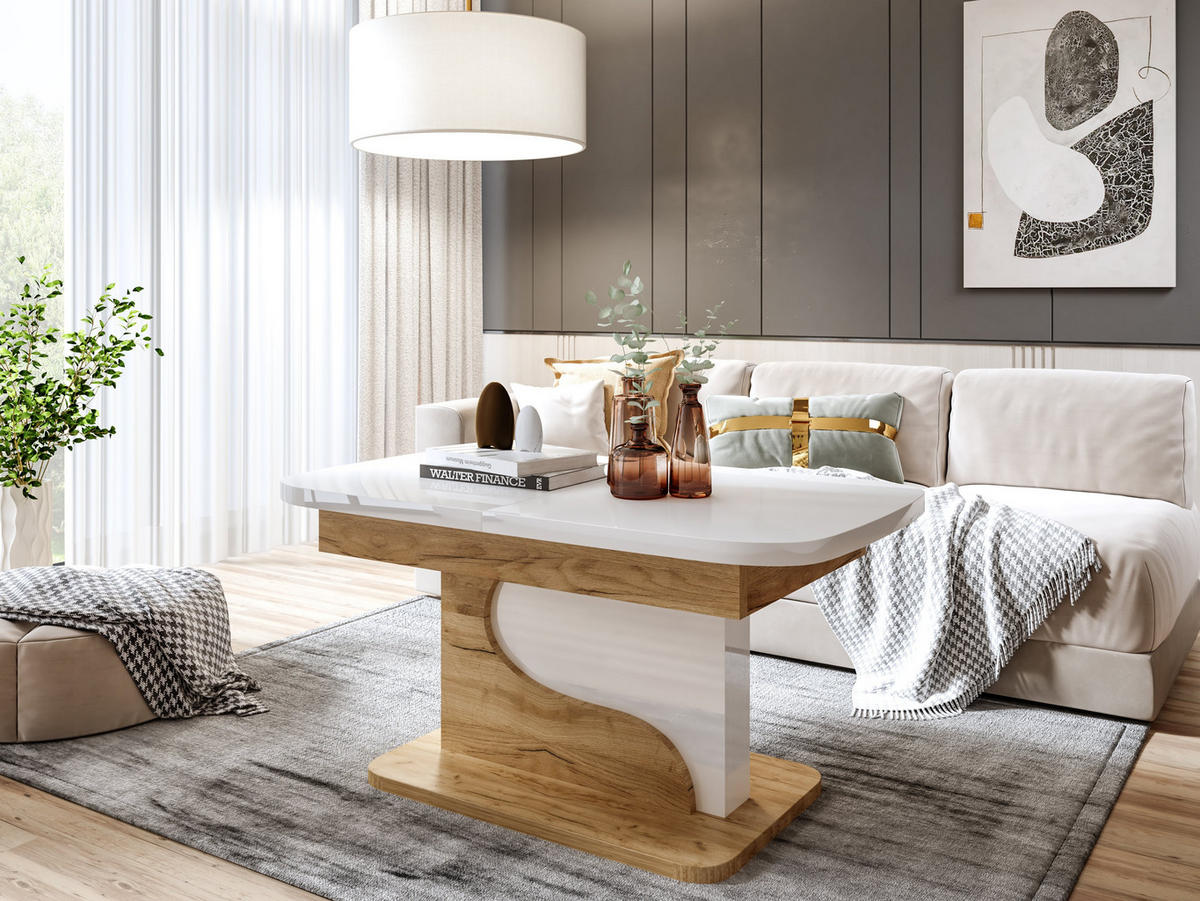 COUCHTISCH rechteckig Weiß Hochglanz - Eiche Gold ausziehbar höhenverstellbar - Weiß Hochglanz/Eichefarben, Holzwerkstoff (70/120/58cm) - designimpex