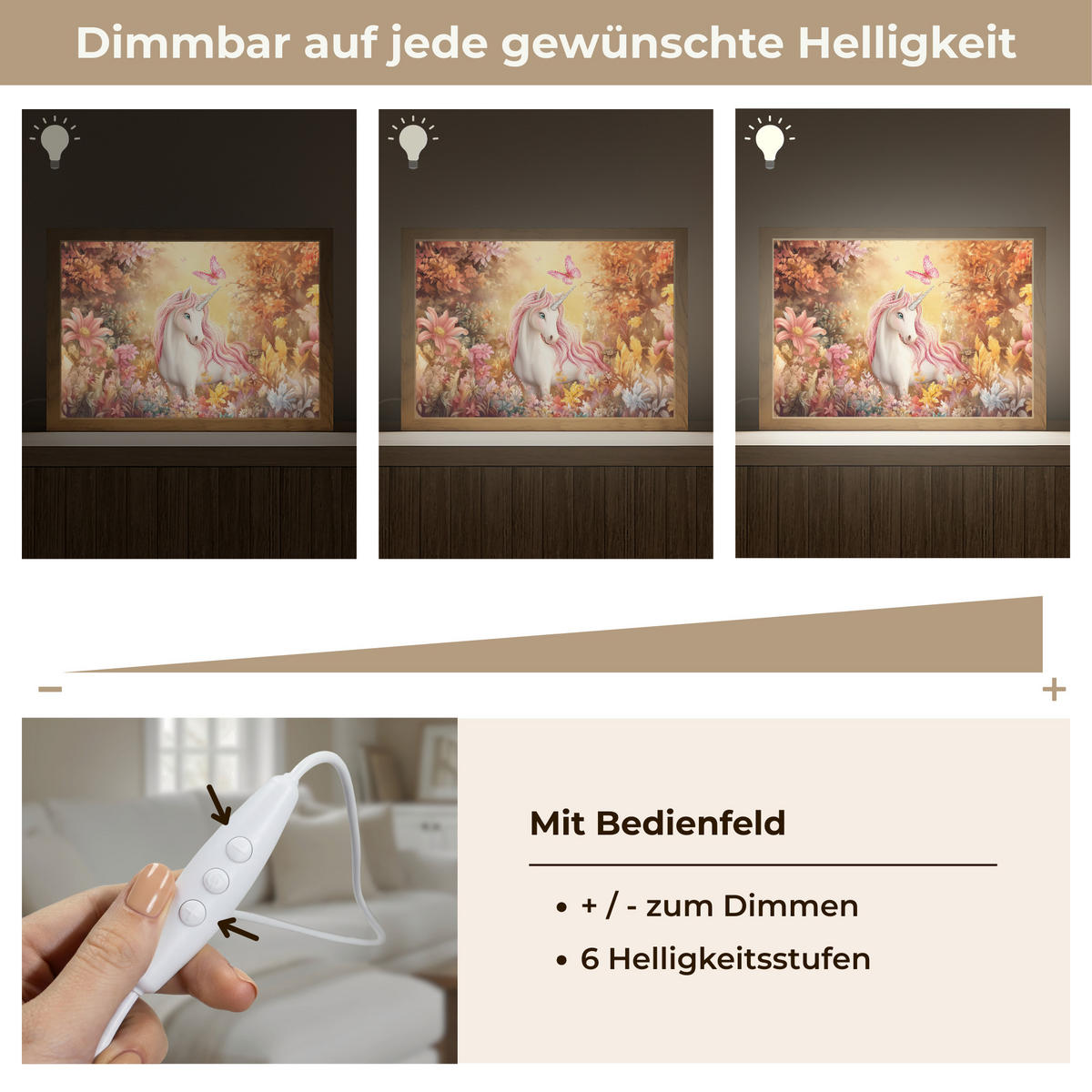 NÁSTĚNNÁ LAMPA Jednorožec - Květiny - Motýl - Růžová 30x20 cm - béžová, kompozitní dřevo (30/20/8cm) - OnlyWow