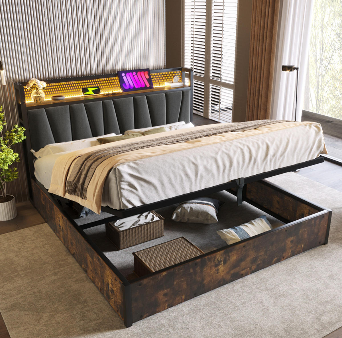 BETT mit LED-Kopfteil und Stauraum 180x200 cm Grau mit USB & Steckdosen - Grau, Metall (180/200cm) - Meubliv