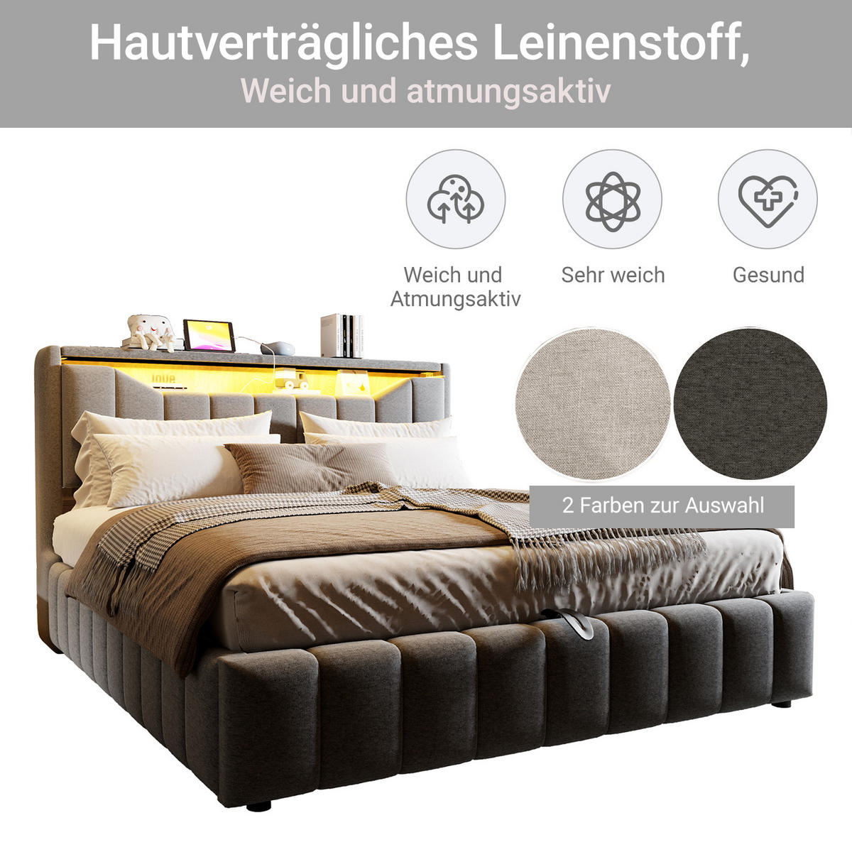 BOXBETT 180/200 mit Bettkasten, LED/USB-C, Lattenrost, Leinen, Grau - Grau, Holz/Textil (180/200cm) - LVHOM