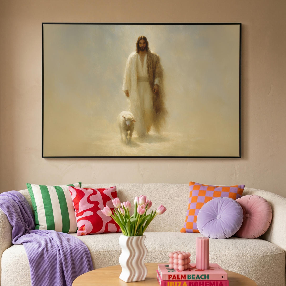 LEINWAND Bilder mit Rahmen - Schaf - Jesus - Pinselstriche - Abstrakt - 150x100 - Beige, Textil (150/100cm) - MuchoWow