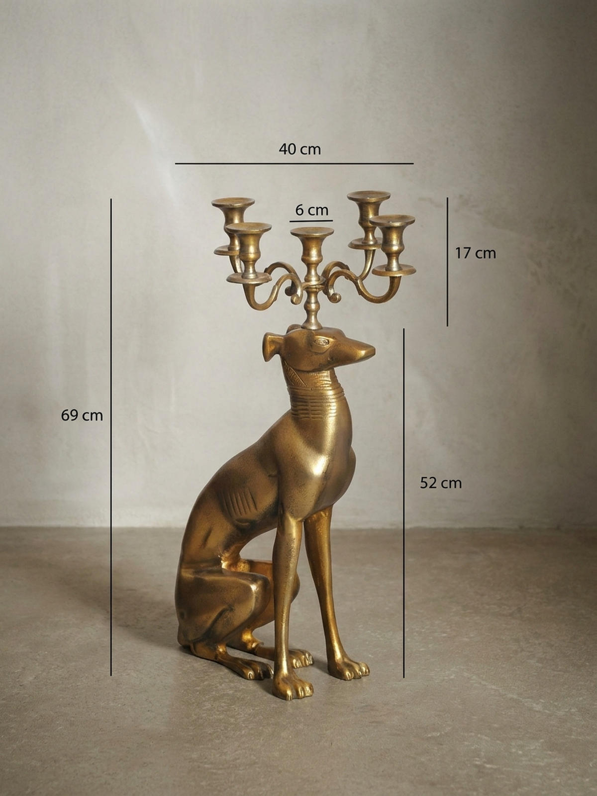 DEKOFIGUR Kerzenhalter Windhund Aluminium Gold 69 cm mit 5 Armen - Goldfarben, Textil (26/69/40cm) - KADIMA DESIGN