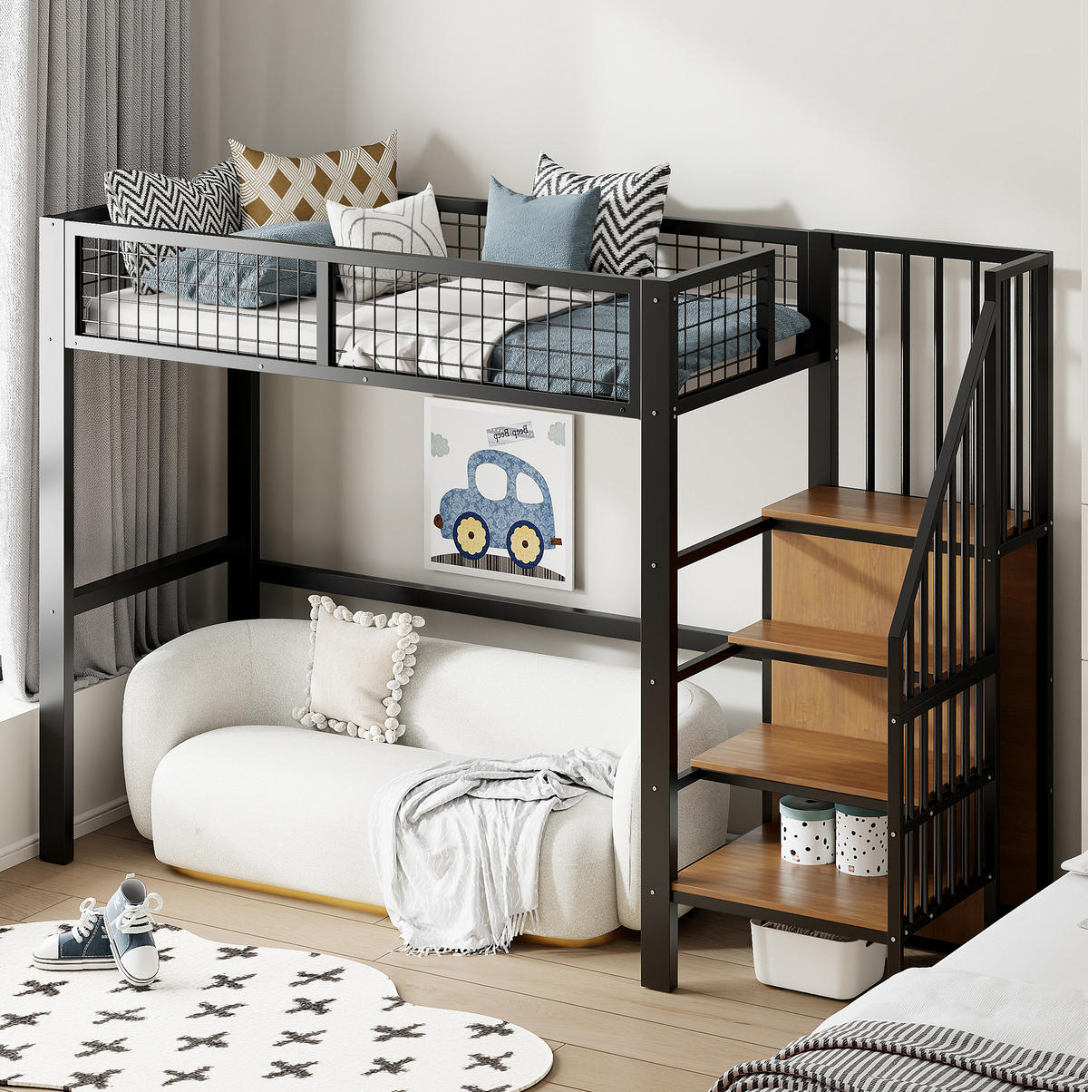 HOCHBETT 90/200 cm in Schwarz – mit Leiter, Kleiderschrank und Rausfallschutz - Schwarz, Metall (90/200cm) - BEAOK
