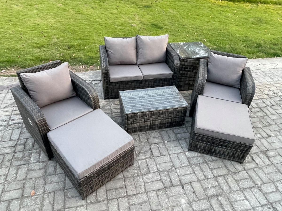 GARTENLOUNGE-SET Polyrattan Dunkelgrau 6-Sitzer - Dunkelgrau, Metall - Fimous