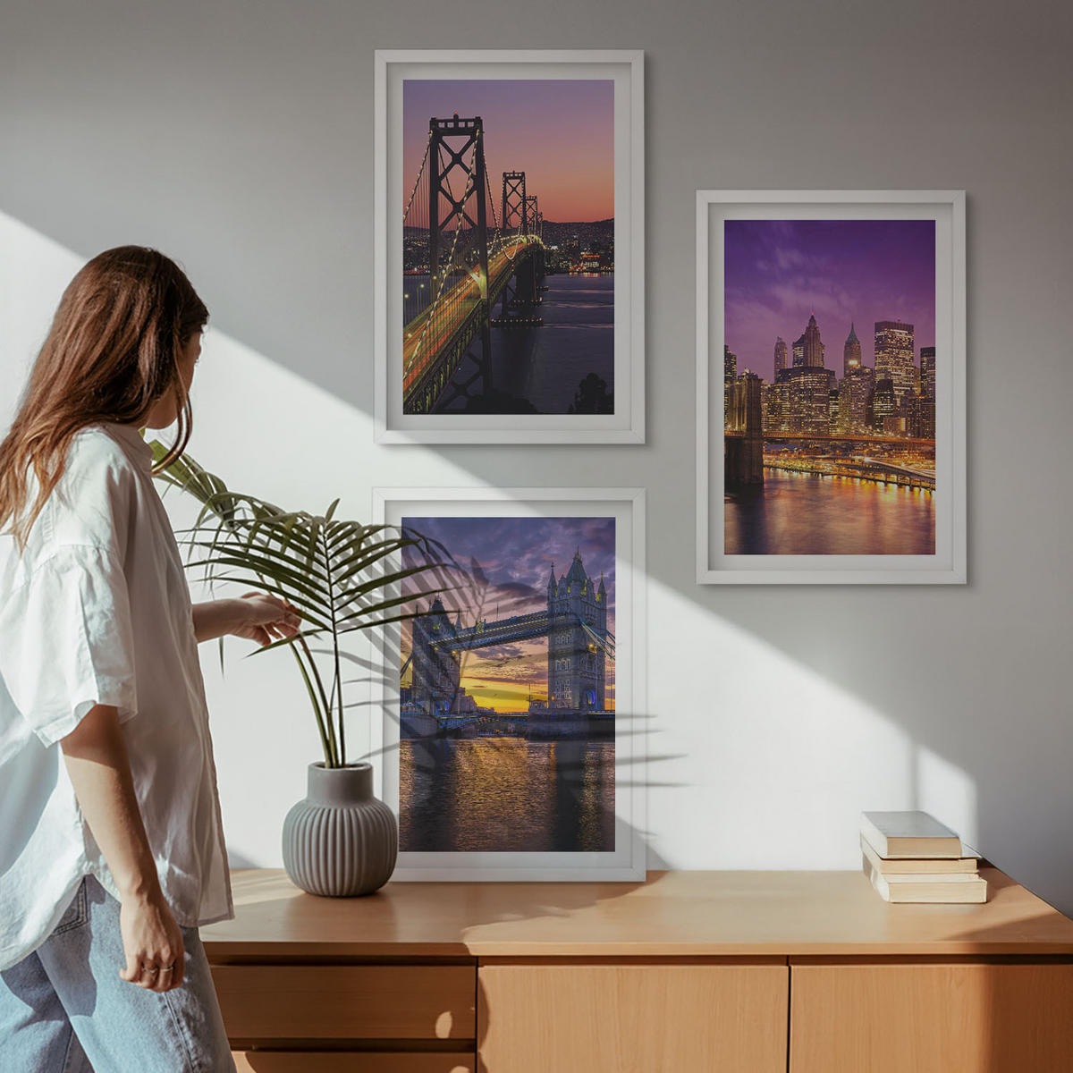BILDER SET 3er Set - 40x60 cm Weißer Rahmen - Brücken, Sonne, Stadtblick - Weiß, Kunststoff (40/60cm) - TULUP