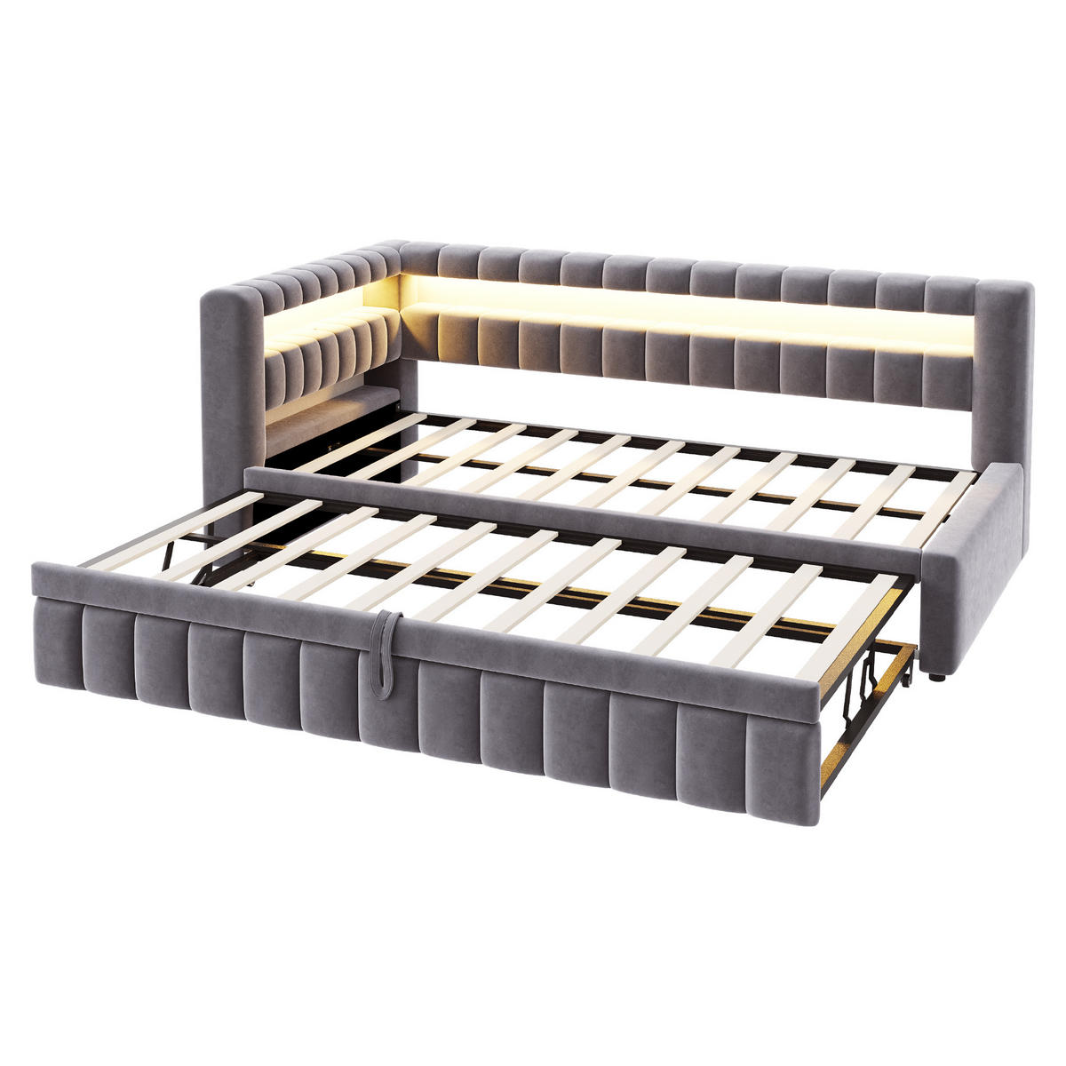 SCHLAFSOFA 90/200 cm & 90/190 cm in Dunkelgrau Samt mit Ausziehbett, LED und USB - Grau, Holzwerkstoff/Textil (90/200cm) - WISHDOR