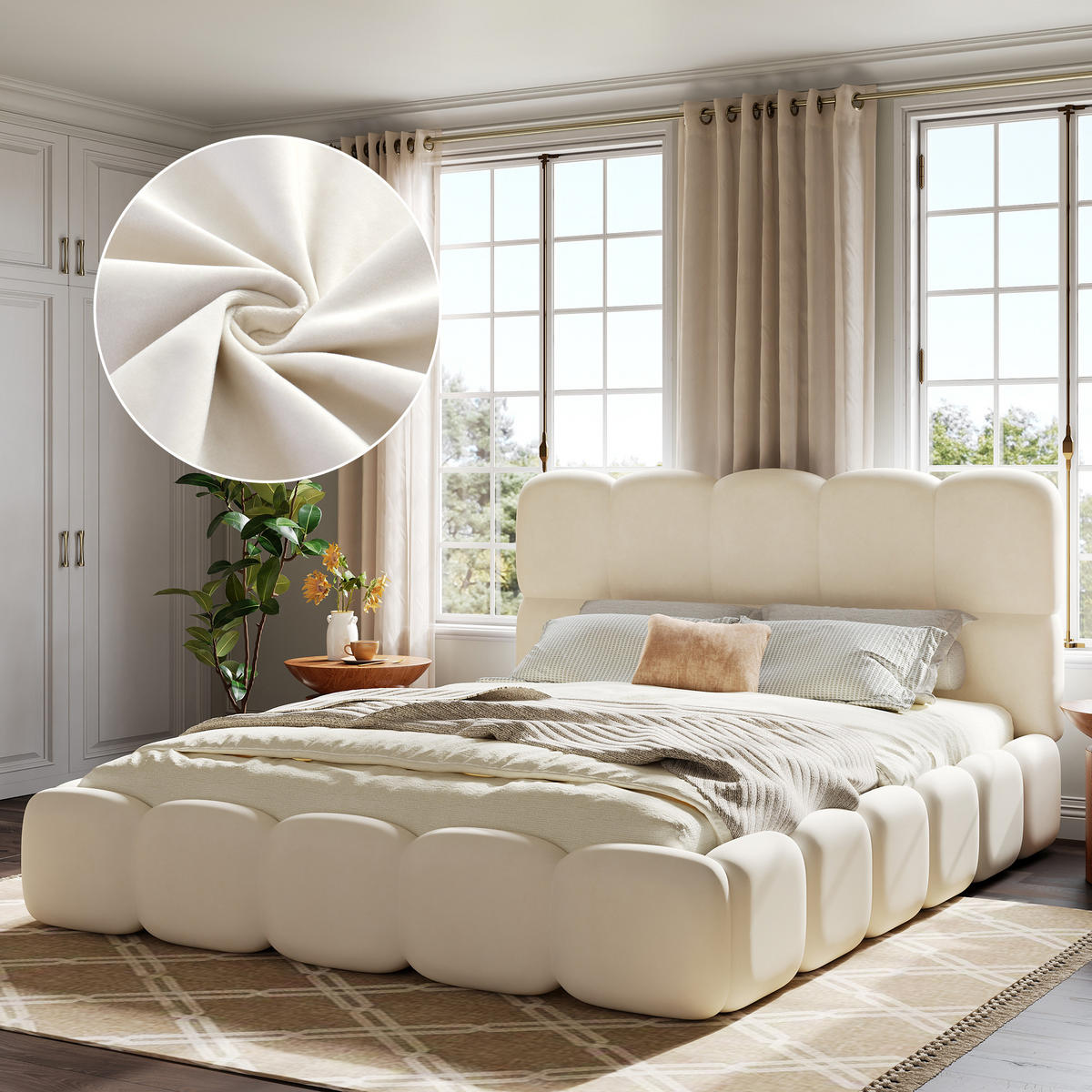 POLSTERBETT Beige Samt 180x200 Lattenrost gepolstertes Kopfteil - Beige, Textil (180/200cm) - FLIEKS