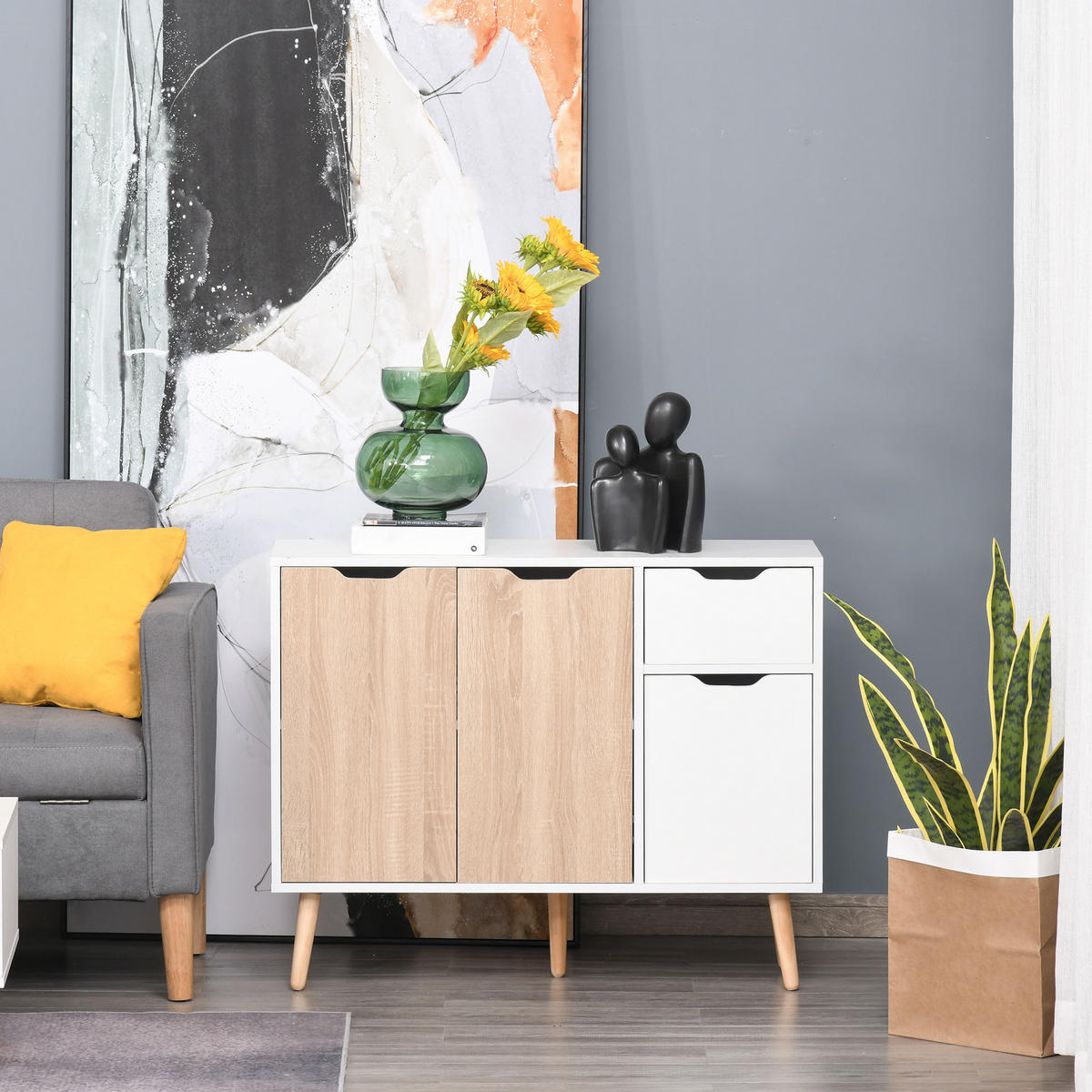 SIDEBOARD Weiß und Eichefarben 90/30/72 cm - Weiß, Holz (90/72/30cm) - PANGIVO