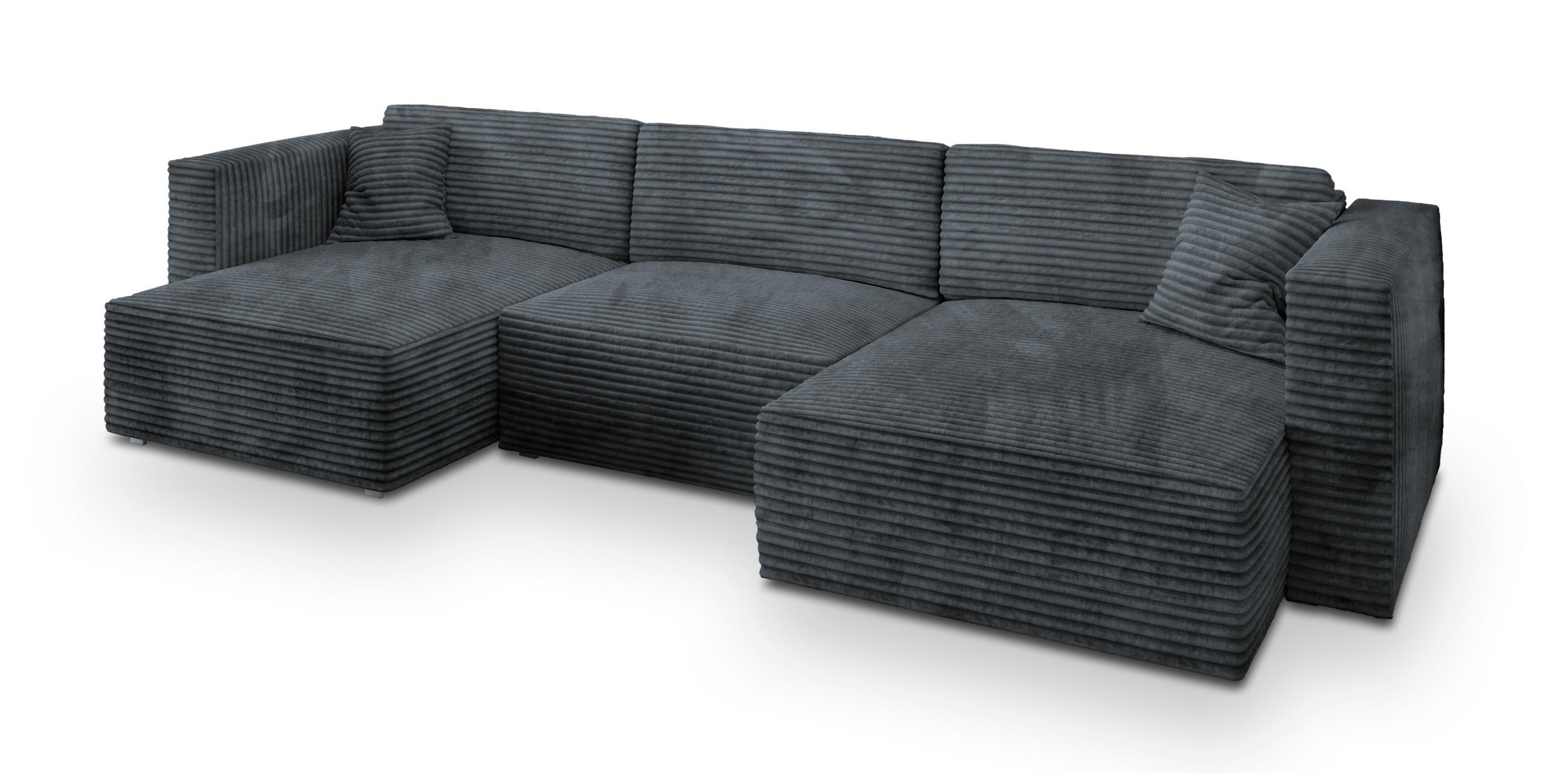 WOHNLANDSCHAFT SARMO Grau Kordstoff mit Schlaffunktion - Grau, Holz (347/90/148cm) - MASSENO