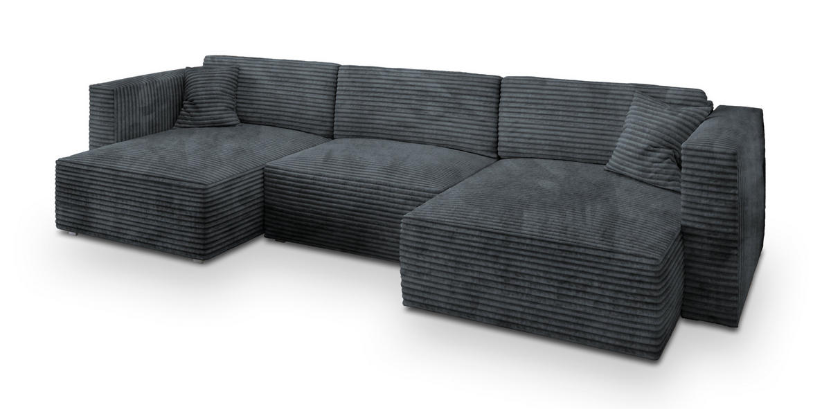 WOHNLANDSCHAFT SARMO Grau Kordstoff mit Schlaffunktion - Grau, Holz (347/90/148cm) - MASSENO