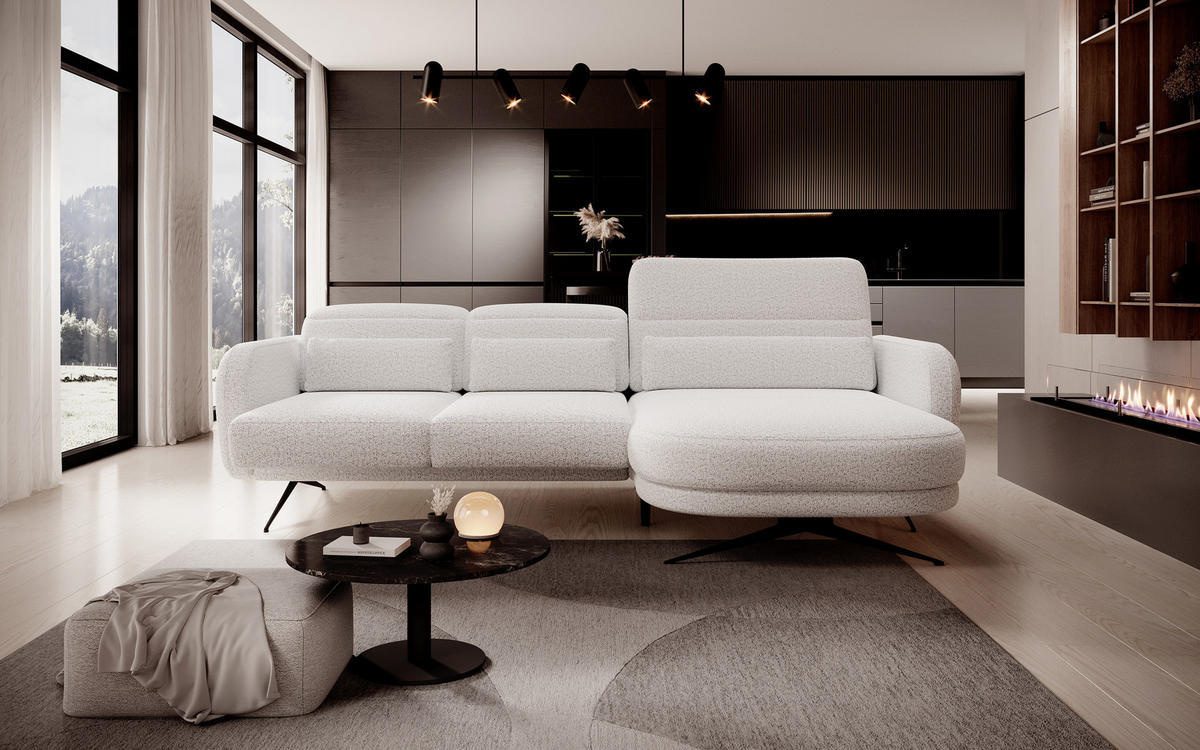 ECKSOFA Barillo – Verstellbare Rückenlehne, Stahlfüße, Elegante Armlehnen, Drei Rückenkissen, Freistehend, 261x170x97 cm – Rechte, Esche - Silberfarben, Holz/Textil (261/170cm) - DomoHome