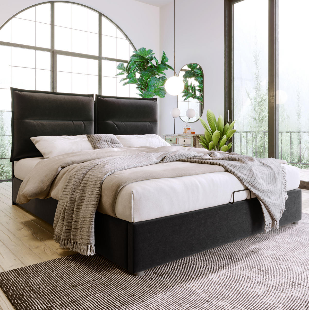 POLSTERBETT aus Samt 140x200 cm Schwarz mit Bettkasten und verstellbarem Kopfteil - Schwarz, Textil (140/200cm) - IVMEU