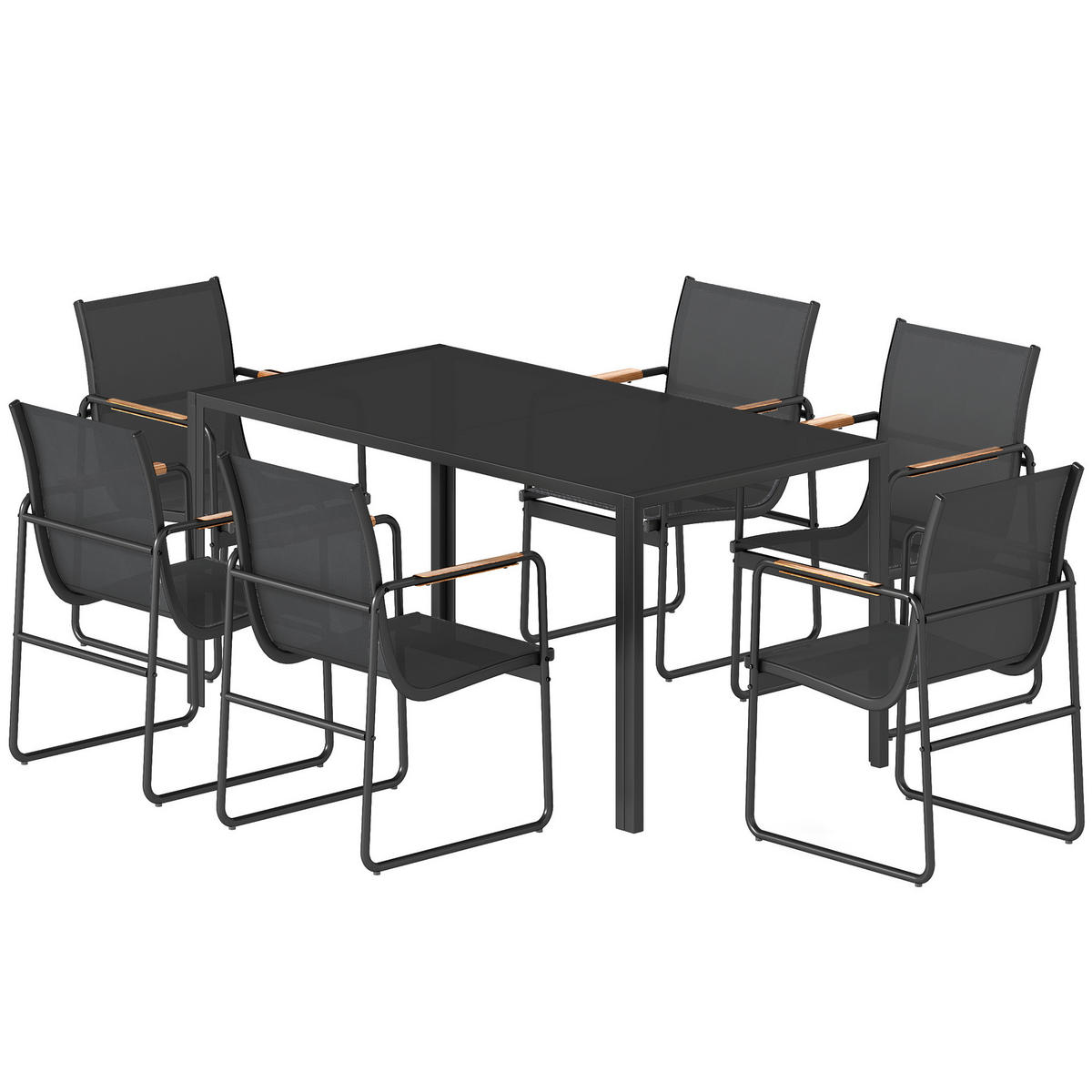 GARTENTISCHGRUPPE DE-18119 7-teilig, Glasplatte, Mesh-Bezug Schwarz - Schwarz, Metall - ComfortXL