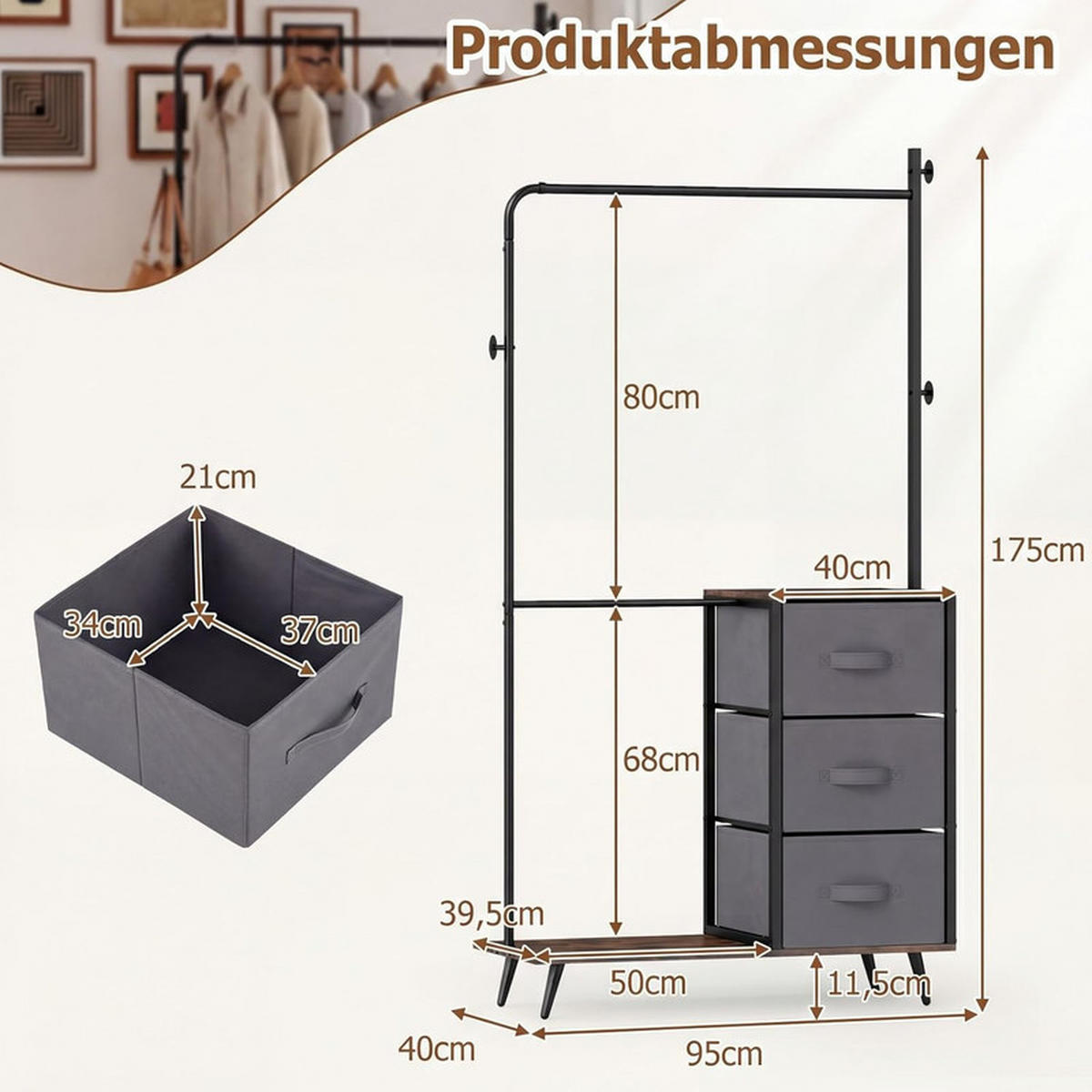 GARDEROBENSTÄNDER mit 2 Ablagefächern schwarz - Schwarz, Metall (95/175/40cm) - COSTWAY
