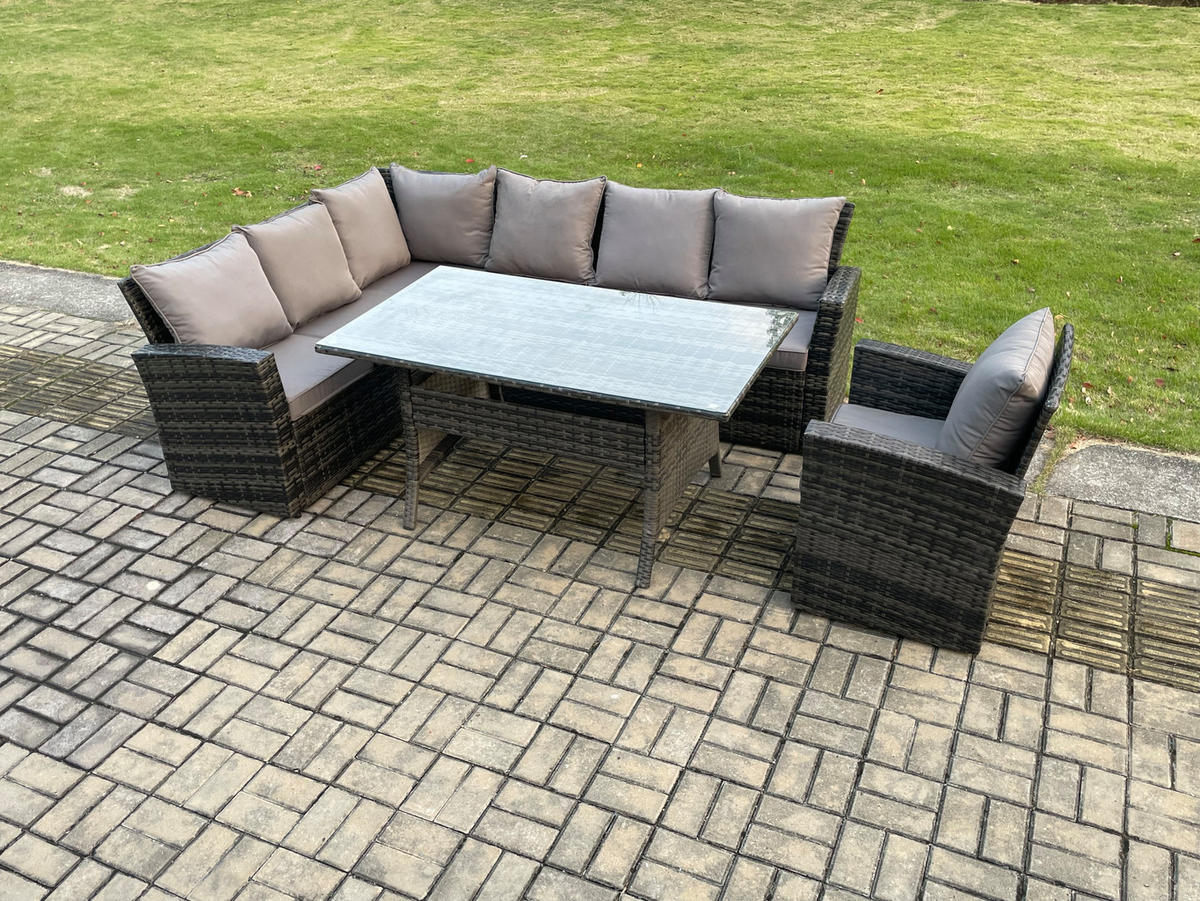 GARTENLOUNGE mit Ecksofa Polyrattan Dunkelgrau 7-Sitzer - Dunkelgrau/Grau, Glas/Kunststoff - Fimous