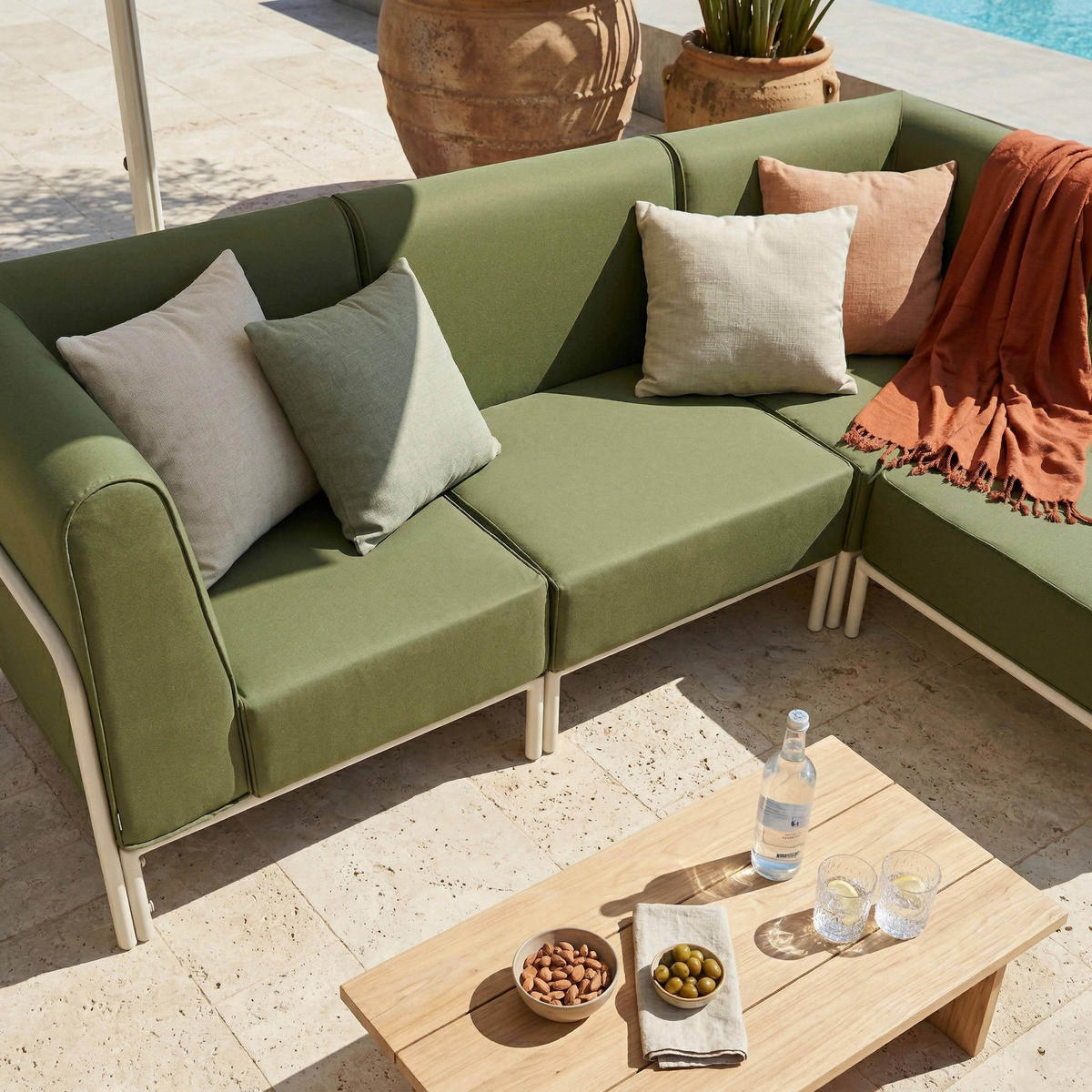 GARTENSOFA mit 4 Sitzplätzen, Khakigrün - Grün, Textil (80/78/216cm) - Oviala
