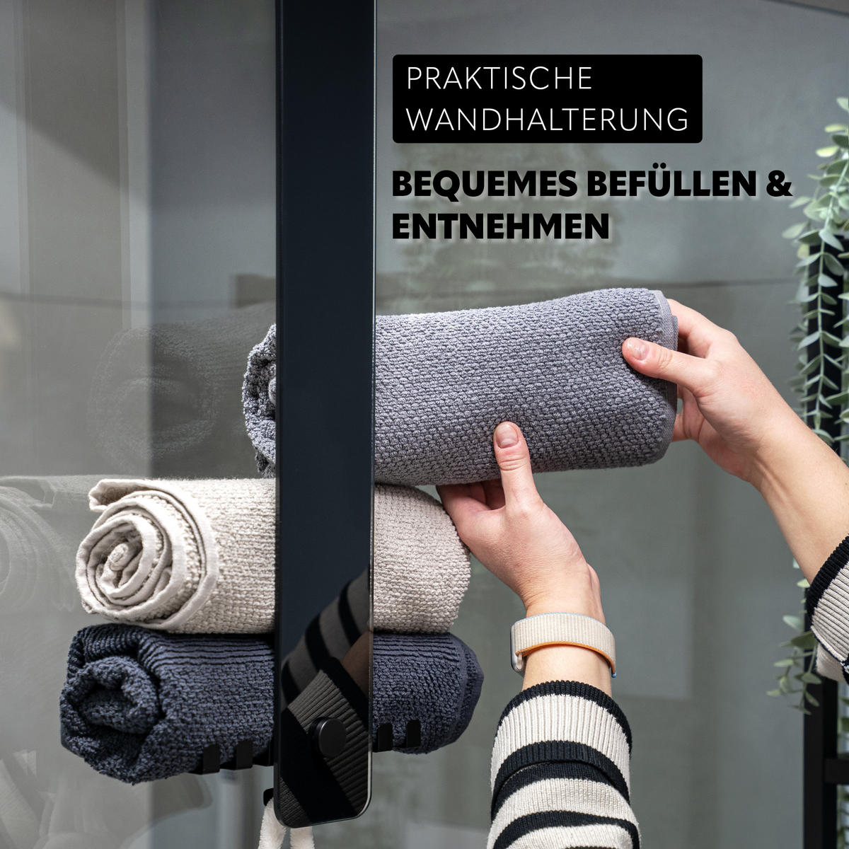 GLASHANDTUCHHALTER PIAZZA BLACK 2in1, aus schwarzem Glas und Edelstahl - Schwarz, Metall (18/60/10cm) - bremermann