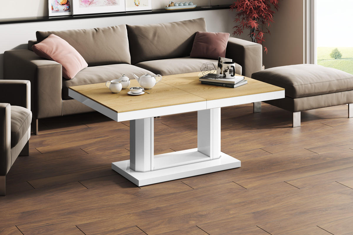 COUCHTISCH rechteckig Eiche Natur - Weiß Hochglanz 120/75/54 cm - Eichefarben/Weiß Hochglanz, Holzwerkstoff (75/120/54cm) - designimpex