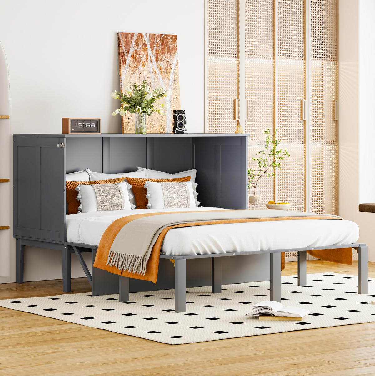 SCHRANKBETT 140/200 cm grau mit Lattenrost und Hochschrank-Design - Grau, Holz (140/200cm) - OKWISH