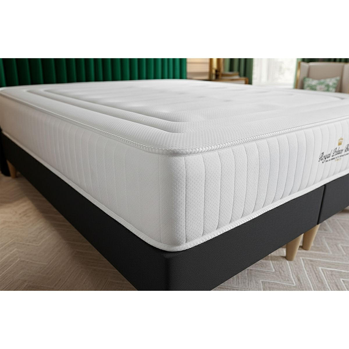 BETT Lancaster Taschenfederkern und Memory-Schaum 180 x 220 cm h3 - Kit Bettgestell Schwarz - Beige/Schwarz, Karton/Holz (180/220cm) - ROYAL PALACE BEDDING
