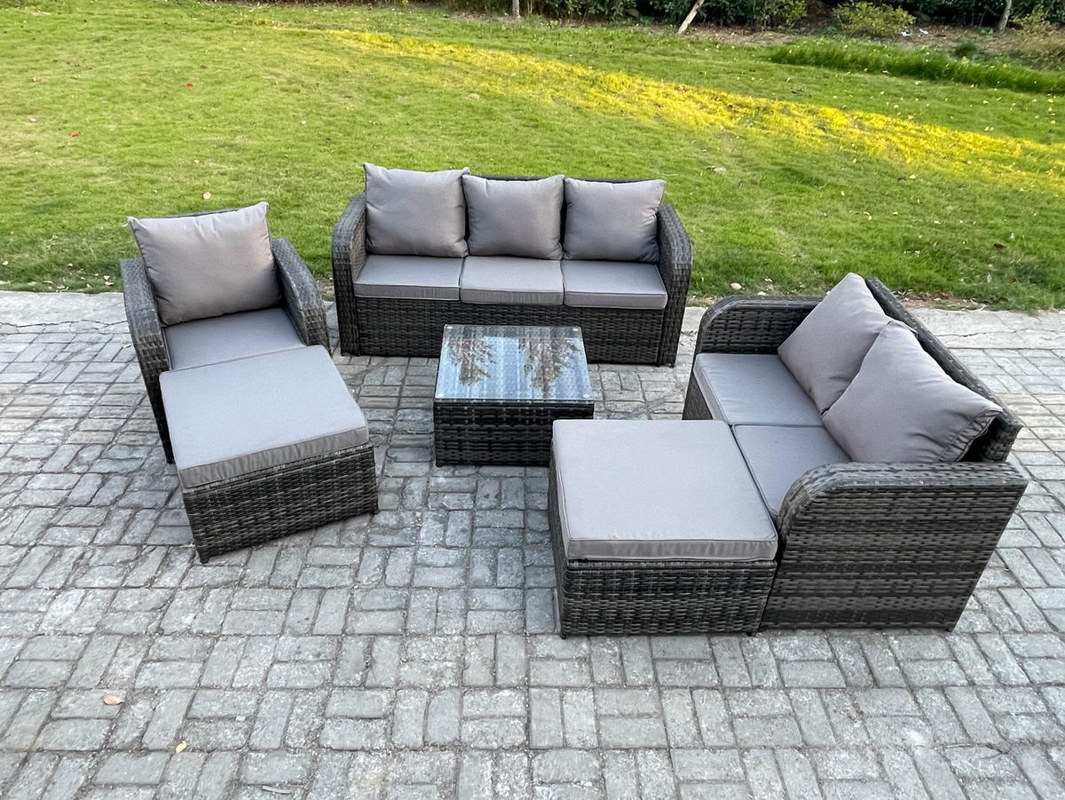 GARTENMÖBEL SET mit 3-SITZER SOFA Polyrattan Dunkelgrau 8-Sitzer - Dunkelgrau/Grau, Glas/Kunststoff - Fimous