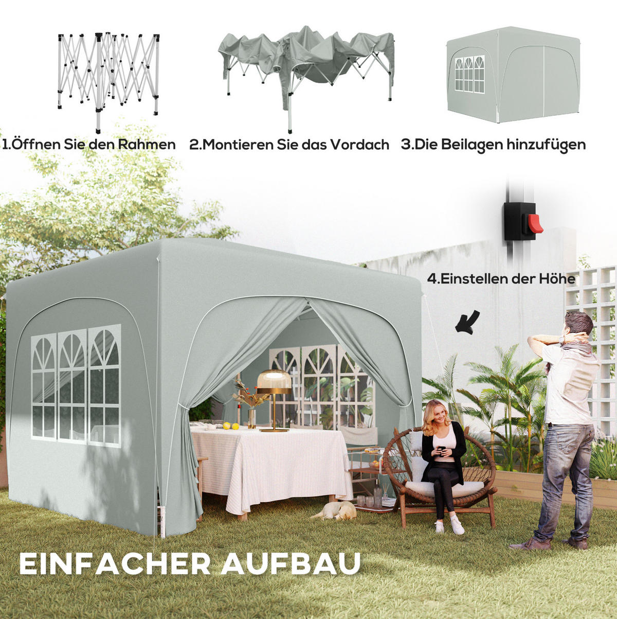 PAVILLONS aus Polyester 300x300x273 cm in Hellgrau mit Seitenteilen - Hellgrau, Textil (300/273/300cm) - Modfu