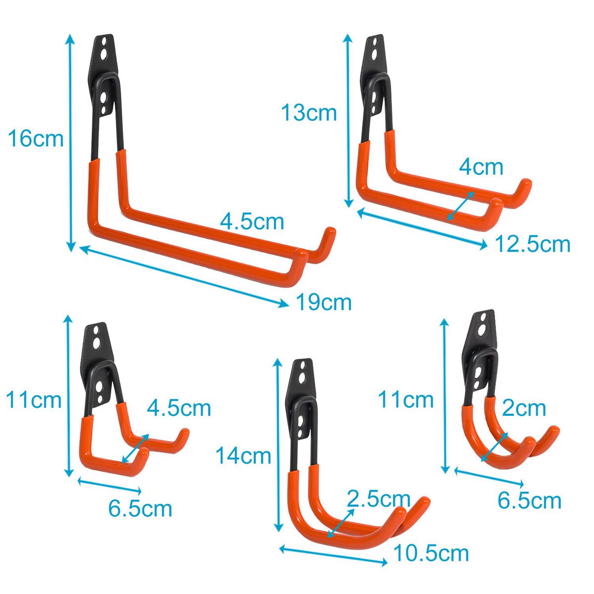 WANDHAKEN für Garage (10er-Set) - Orange, Metall (4.5/16/20cm) - Intirilife
