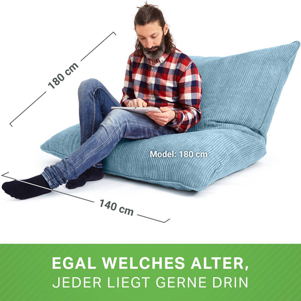 SITZSACK XXL "Square" aus Cord – 370 L - Hellblau, Textil (140/25/180cm) - Green Bean