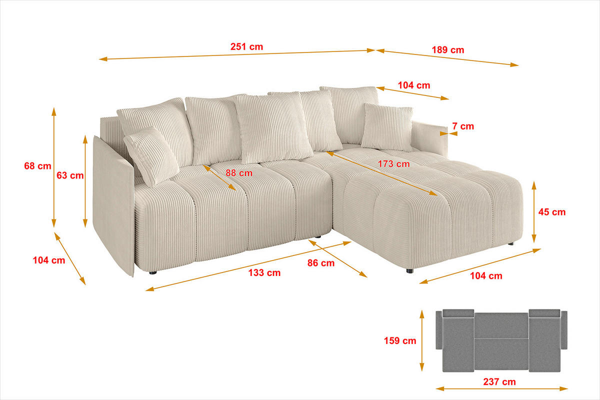 ECKSOFA Ottomane rechts LONLI-L 251x189x68 Beige Cord - Beige, Holzwerkstoff/Kunststoff (189/251cm) - ALTDECOR
