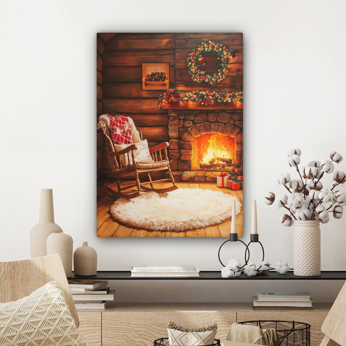 LEINWANDBILD Winter - Weihnachten - Zuhause - Kamin Wandbild Wohnzimmer 60x80 cm - Bernsteinfarben, Textil (60/80cm) - MuchoWow