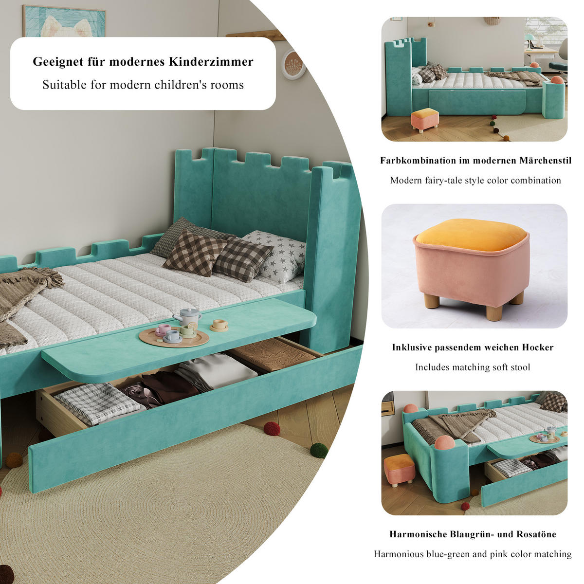KINDERBETT 90/200 cm in Blaugrün mit klappbarer Seitenablage und Stauraum-Schublade - Grün, Holzwerkstoff/Textil (90/200cm) - WISHDOR