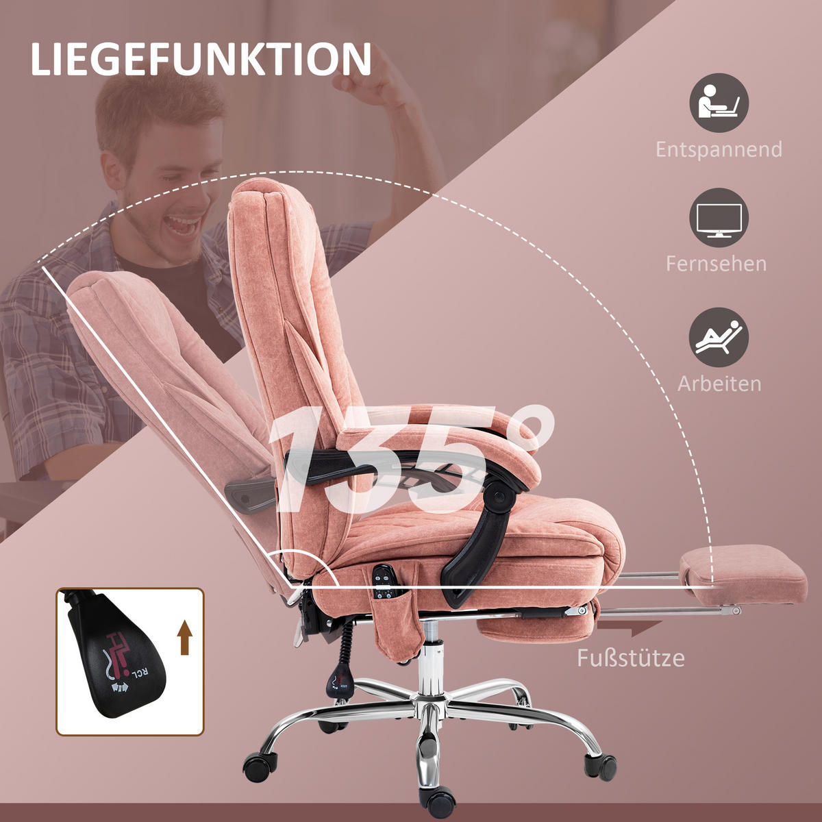 BÜROSTUHL mit Massagefunktion Polyester Stahl Rosa - Rosa, Metall (67/119/72cm) - Vinsetto