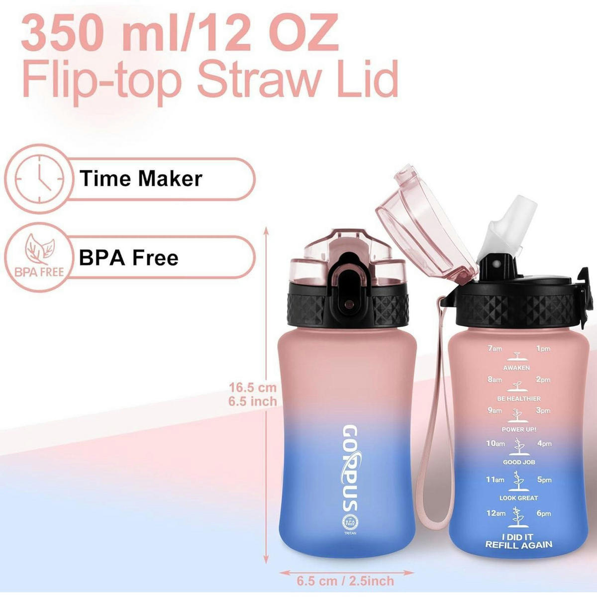 TRINKFLASCHE Kinder 350 ml mit Strohhalm und Zeitmarkierung, BPA-frei, auslaufsicher, Rosa Blau - Multicolor, Kunststoff (8/8cm)