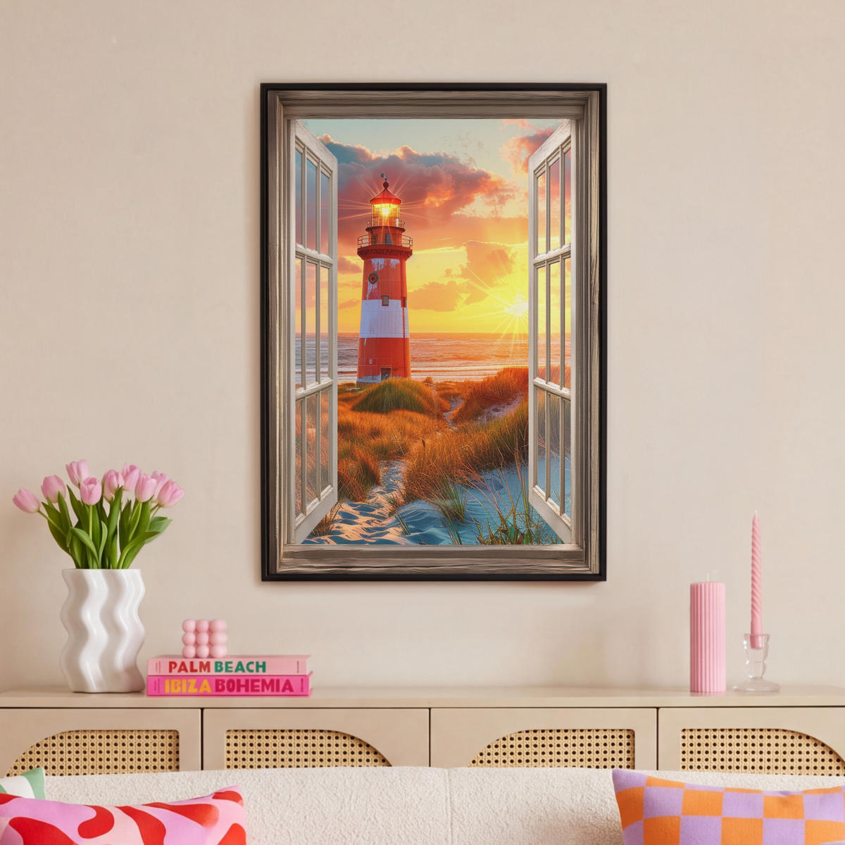 LEINWAND Bilder mit Rahmen - Aussicht - Fenster - Leuchtturm - Sonnenuntergang - Strand - 60x90 - Dunkelorange, Textil (60/90cm) - MuchoWow