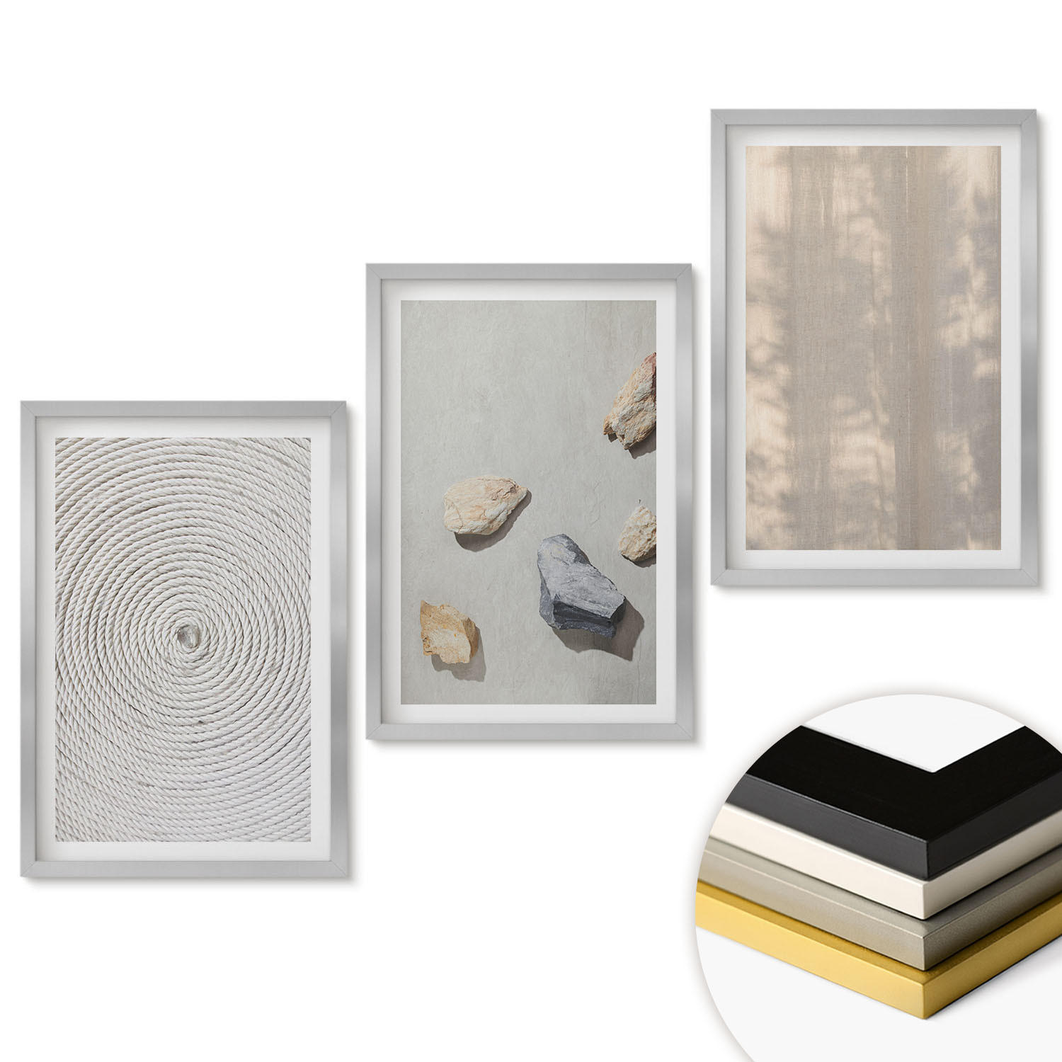 WANDBILDER 3er Set - 40x60 cm Silberner Rahmen - Boho-Naturtexturen und -Strukturen - Silberfarben, Kunststoff (40/60cm) - ArtPrintCave