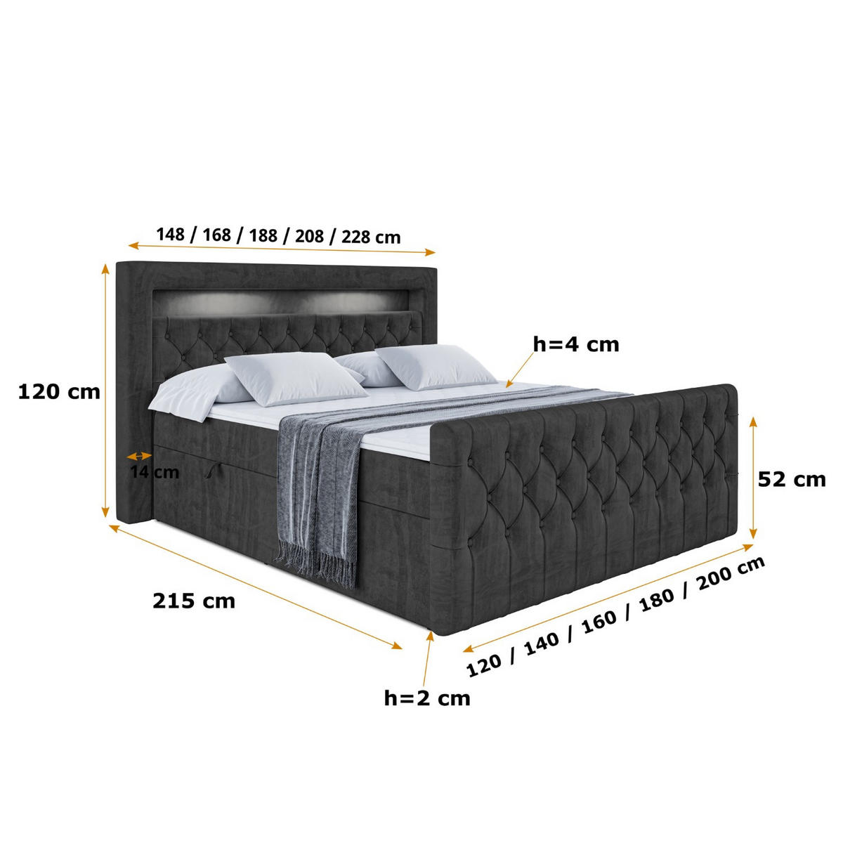BOXBETT AURORA - 160x200 - H3 - Schwarz - Schwarz, Holzwerkstoff (160/200cm) - ALTDECOR