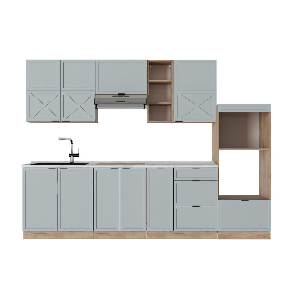 KÜCHENZEILE Fame-Line Hellblau-grau/Goldkraft Eiche 280 cm ohne AP - Honigeiche/Blaugrau, Holzwerkstoff (280/81.6/46cm) - Vicco
