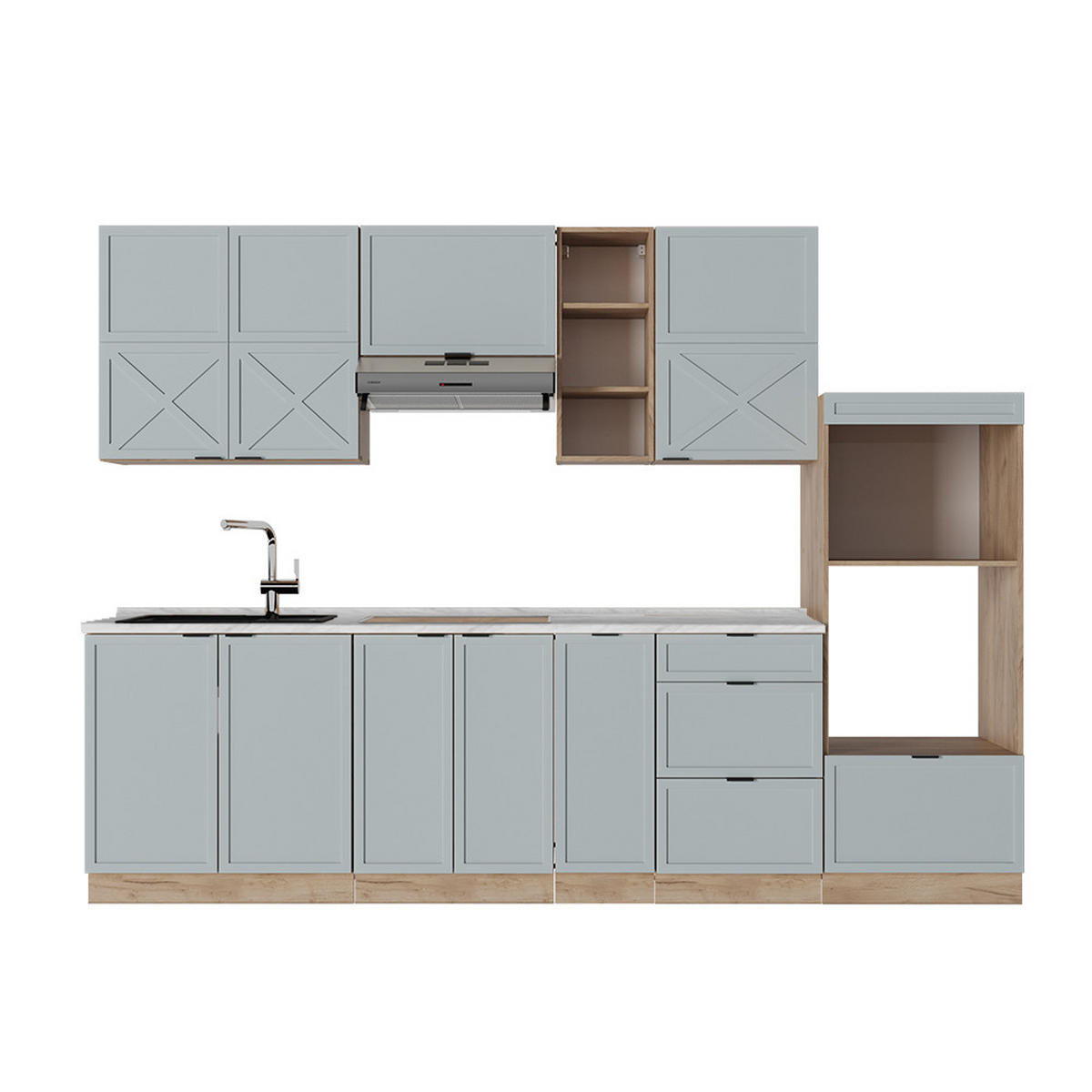 KÜCHENZEILE Fame-Line Hellblau-grau/Goldkraft Eiche 280 cm ohne AP - Honigeiche/Blaugrau, Holzwerkstoff (280/81.6/46cm) - Vicco