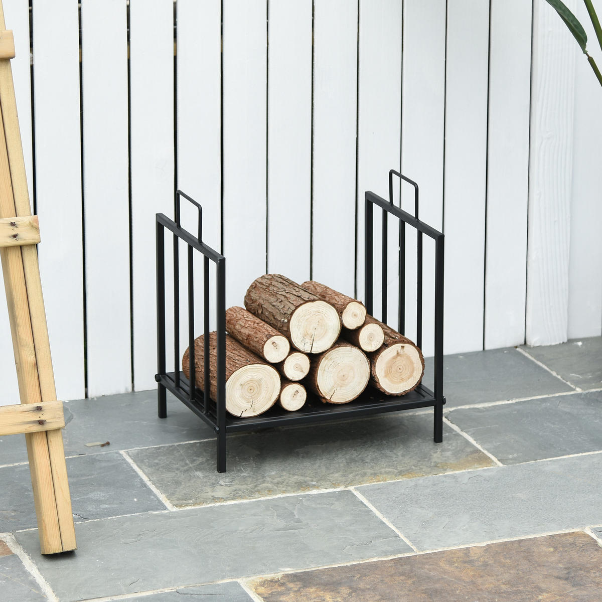 KAMINHOLZREGAL für innen 44,5 x 33 x 46,5cm Brennholzregal mit Griffe Metall - Schwarz, Metall (33/46.5/44.5cm) - Outsunny