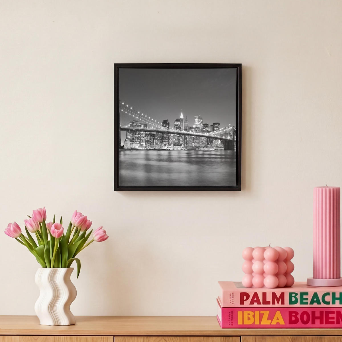 LEINWAND Bilder mit Rahmen - New York - Brücke - Brooklyn - Schwarz und weiß - Architektur - 20x20 - Schwarz, Textil (20/20cm) - MuchoWow