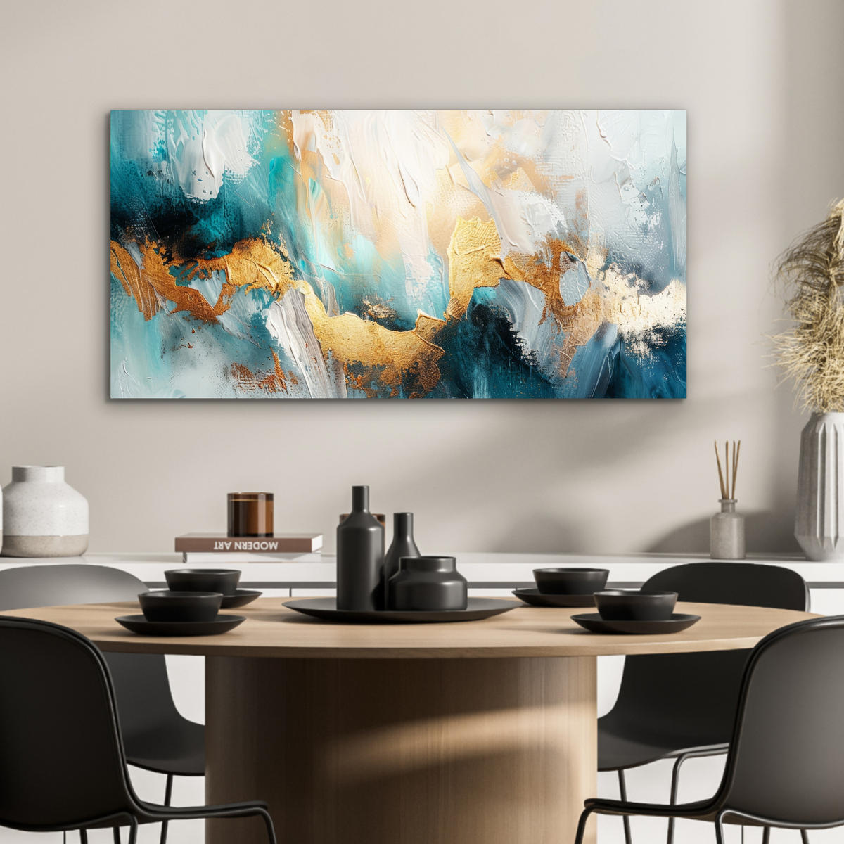 KOVOVÝ OBRAZ Abstraktné - umenie - zlaté - modré 80x40 cm - petrolejová, kov (80/40cm) - MuchoWow