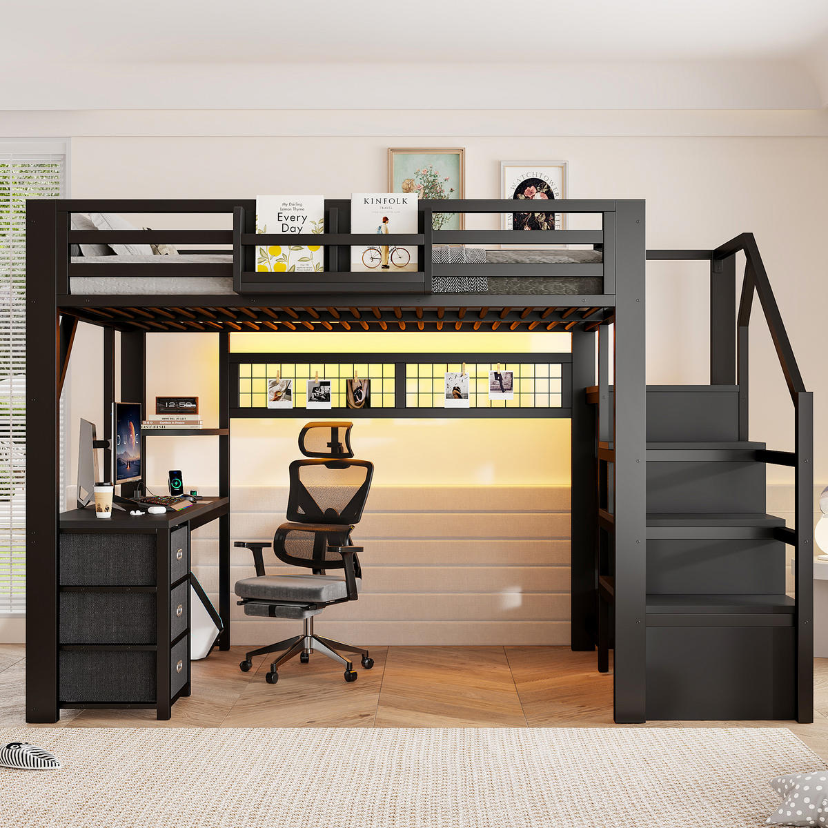 HOCHBETT 140/200 cm in Schwarz mit 3 Schubladen, Stauraum, Schrank, LED und Schreibtisch aus Metall und MDF - Schwarz, Holzwerkstoff/Metall (140/200cm) - STILVORA