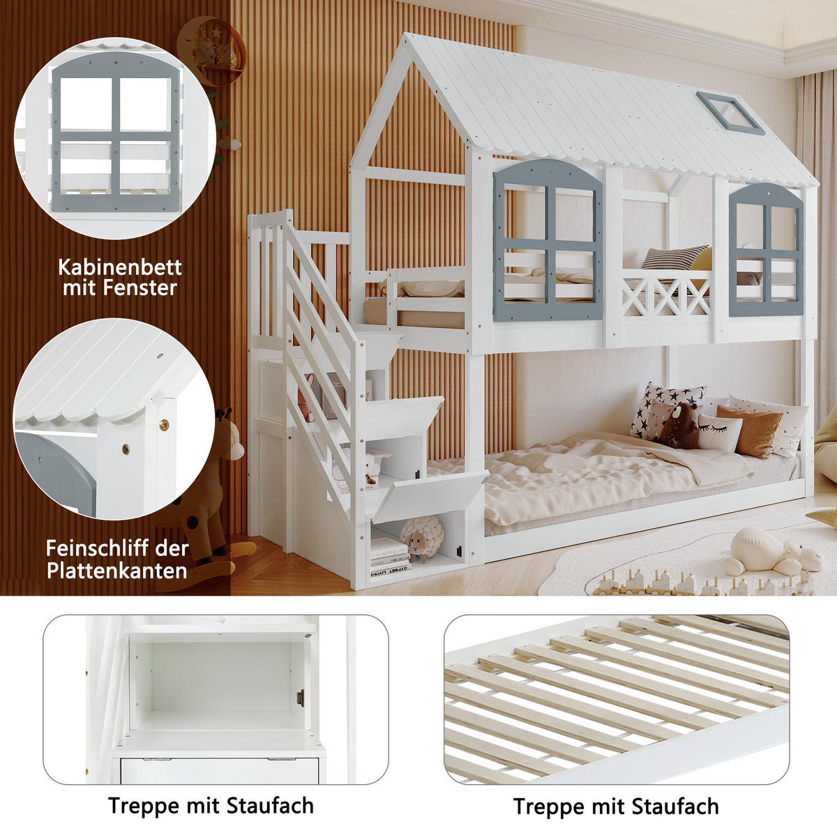 HAUSBETT 90/200 cm Weiß/Grau mit Stauraumtreppe, Dach und Fenstern - Weiß, Holzwerkstoff (90/200cm) - Flora Grace